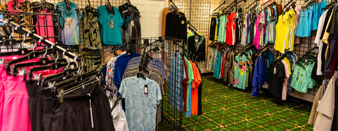 A view inside the pro shop showing the wide selection of clothing available